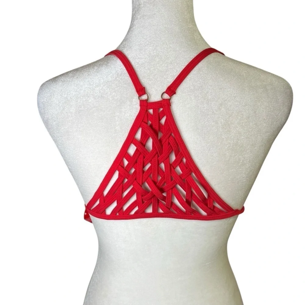 Red Carter Embroidered Bikini Top Size M (8) Strappy Removable Pads Convertible
